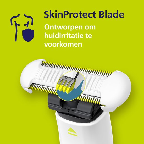 Close-up van het SkinProtect mesje van de OneBlade met een blauw schild.