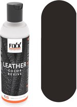 Fles met FIX 'LEATHER COLOR REVIVE' in donkerbruine kleur. Naast de fles een ovaal in donkerbruine kleur.
