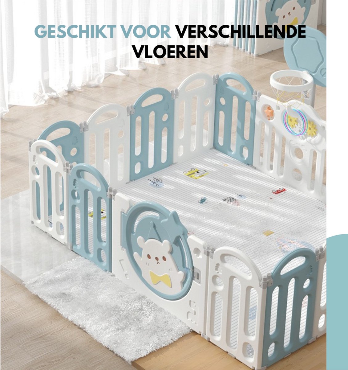Livista Grondbox Baby –187x150x61cm – 14+2 Panelen – Inklapbare Speelbox met Beren-Thema – Verstelbare Basketbalring – Met Zuignappen – Inclusief Kruipmat – Veilig Kinderbox Playpen – foto 4