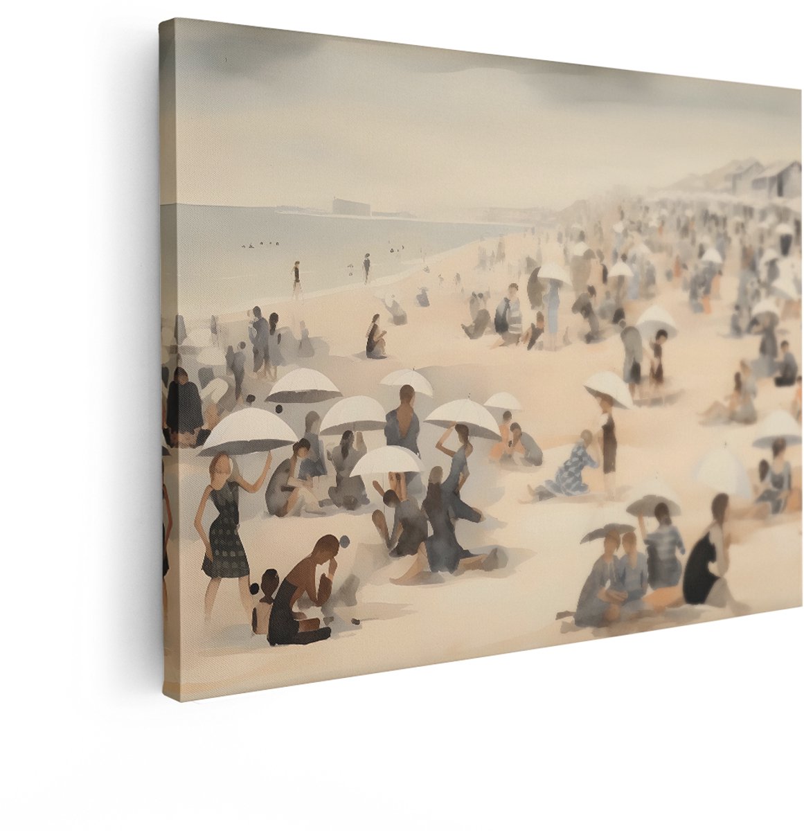 Artaza Canvas Schilderij Strand - 120x90 cm - Wanddecoratie Zee - Muurdecoratie Mensen Onder Parasols - Decoratie Woonkamer Kust