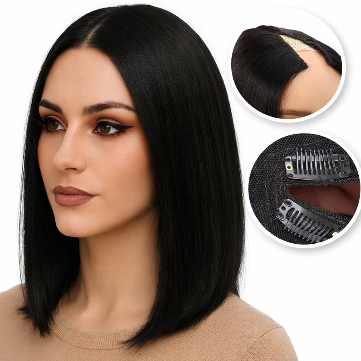 SassyGoods Pruik V Part Haarstuk 100% Echt Remy Haar Human Hair Wig - Zwarte Pruik Dames Bob - 1B Zwart – 25 cm