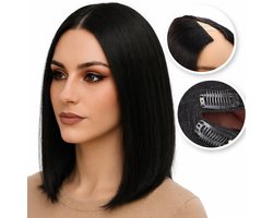 SassyGoods Pruik V Part Haarstuk 100% Echt Remy Haar Human Hair Wig - Zwarte Pruik Dames Bob - 1B Zwart – 25 cm