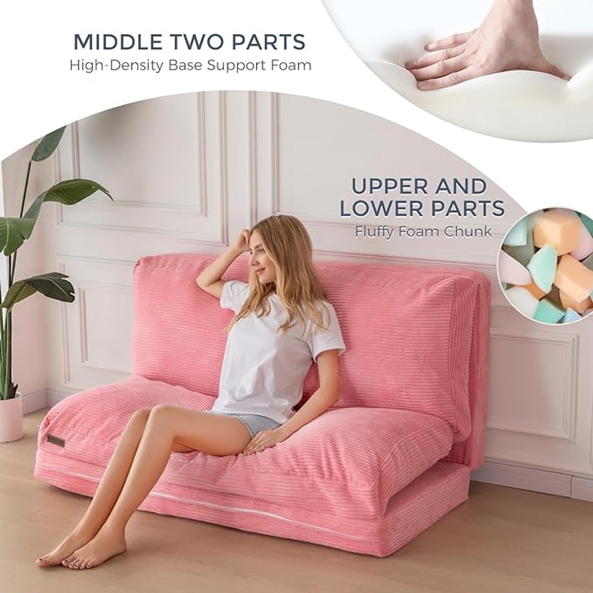 Zitzakbed Opvouwbaar Vloermatras 75 x 240 cm – Extra Dik Corduroy Fluweel Slaapbank & Vloerbank voor Volwassenen – 4-Voudig Gevouwen Japans Design – Roze – Pauwhome