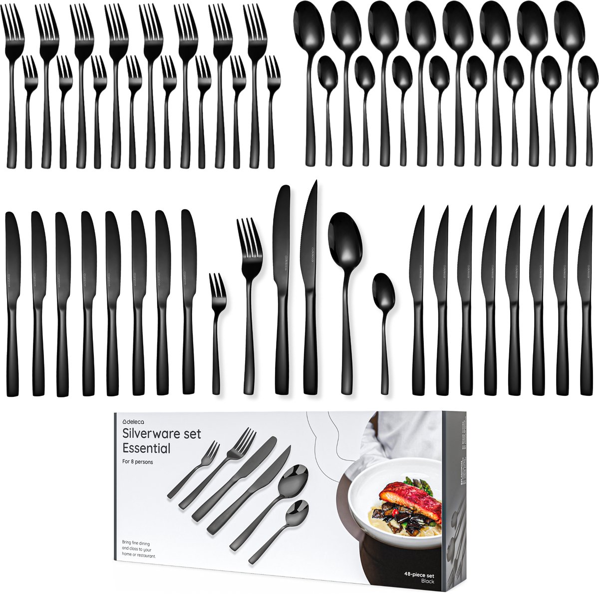 Bol.com Deleca 8 Persoons Bestekset Essential (48-delig) - Lepels, Messen, Vorken, Steakmessen & Gebaksvorkjes - Vaatwasserbeste... aanbieding