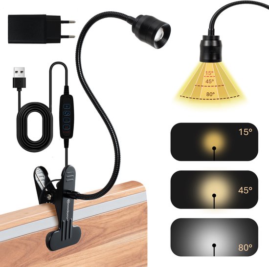 Foto: Leeslampje voor boek zoombaar 15 80 graden 3 kleuren en 10 standen klemlamp voor bed en bureaulamp zwart bedlampjes leeslampjes woodoro