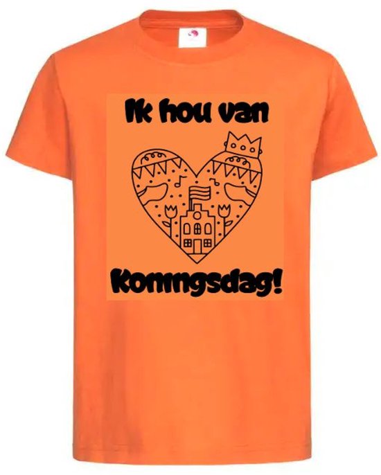 T-shirt Kinderen "Ik hou van Koningsdag" Op Voorkant EK Voetbal Europees Kampioen Kampioenschap Oranje Koning Koningsdag | korte mouw | Oranje/zwart | maat 146/152
