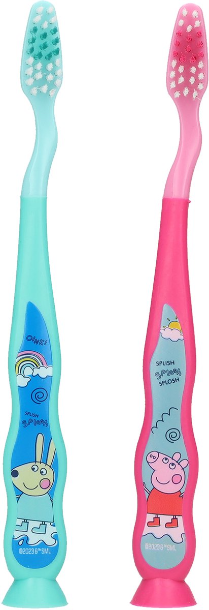 Peppa Pig Tandenborstel met Zuignap 2 Stuks - Tandverzorging voor Peuter en Kind - Peppa Big - Vanaf 3 Jaar - Roze en Blauw