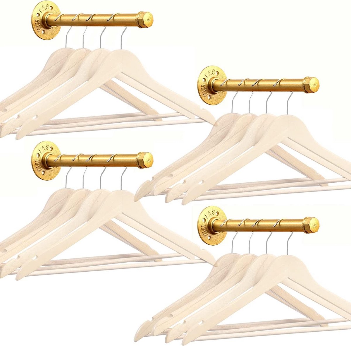 Gouden Industriële Pijp Kledingroede Muurbeugel Set (4 stuks)