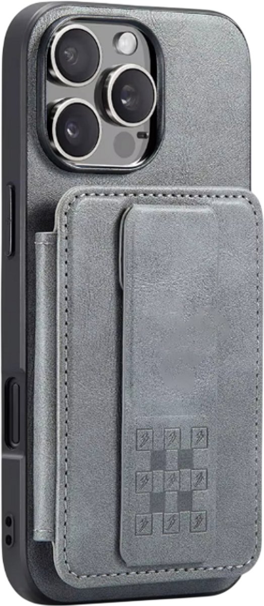 Lederen Wallet Hoes met Kaarthouder – Geschikt voor iPhone 17 Pro max – Magnetische Bookcase Telefoonhoes, Pasjeshouder Hoesje met Handband, Ringhouder en Standfunctie - Grijs