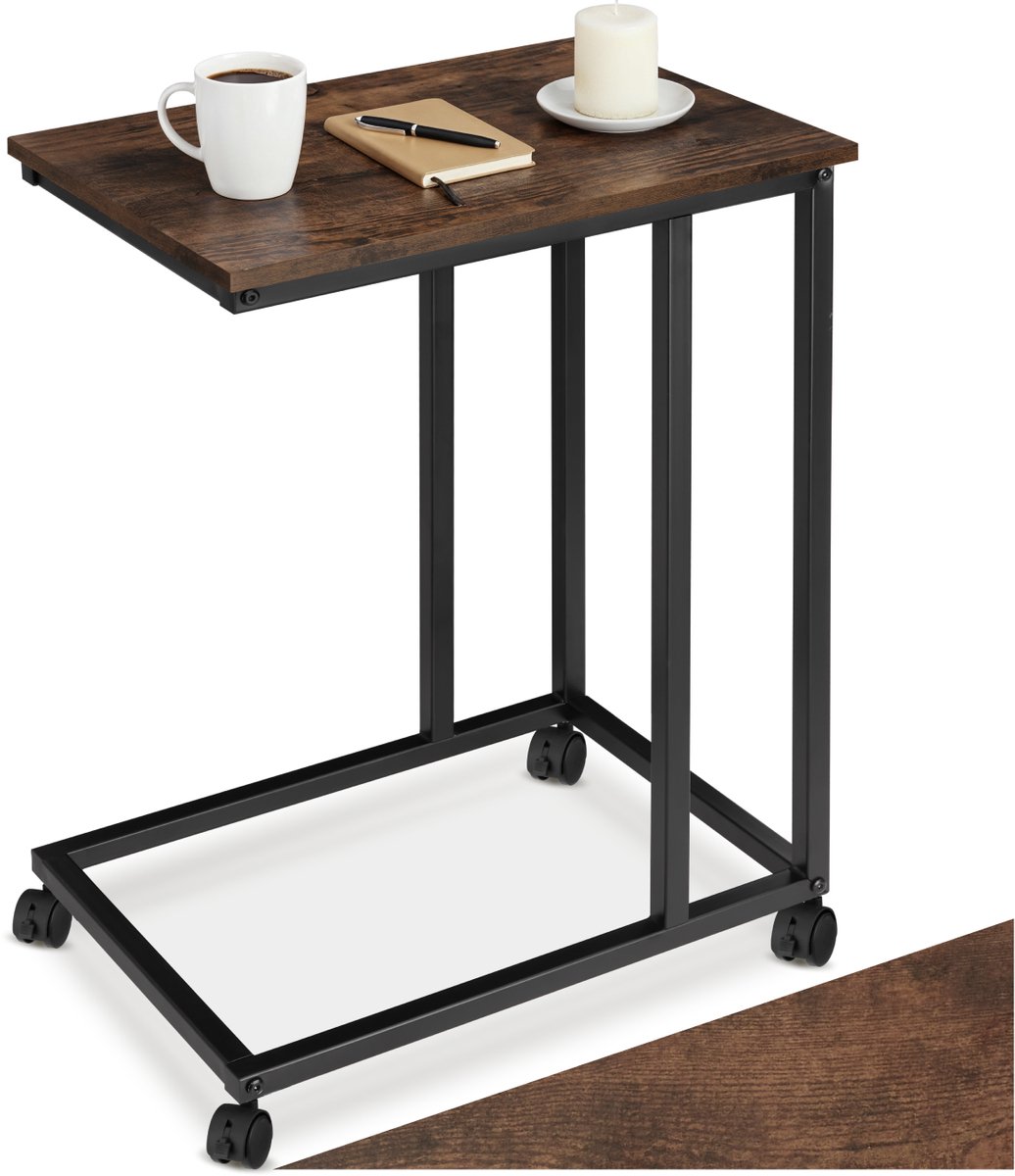tectake® C-Vormige Bijzettafel - Salontafel met Wieltjes - Mobiele laptoptafel van hout en metaal - Industrieel design - Belastbaarheid 75 kg - Afmeting (LxBxH) 48 x 35 x 70 cm - Zwart metalen frame - Donkerbruin