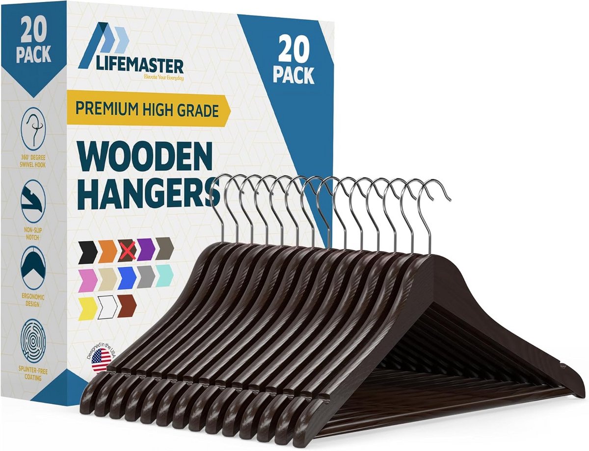 Set van 20 Stevige Houten Kledinghangers met Antislip en Draaibare Haak