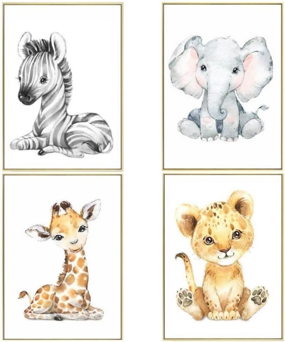 4 Delige Set Baby Jungle Dieren Canvas Wanddecoratie - Moderne Kinderkamer Muurstickers Safari Thema