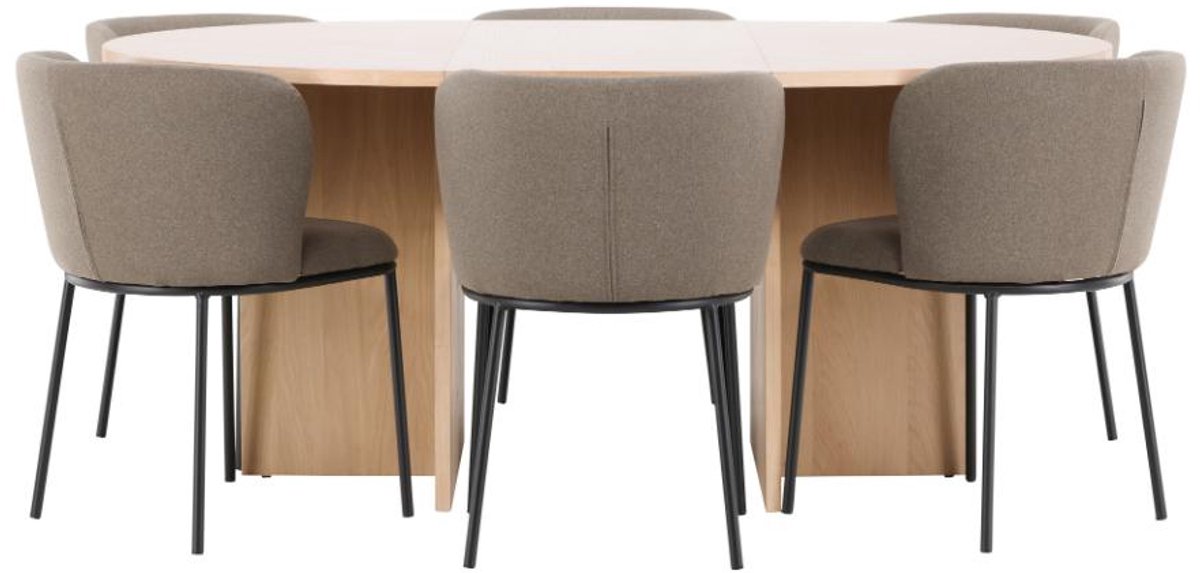 Strada eethoek uittrekbare tafel Ø120cm, 170cm en 6 stoelen whitewash, bruin.