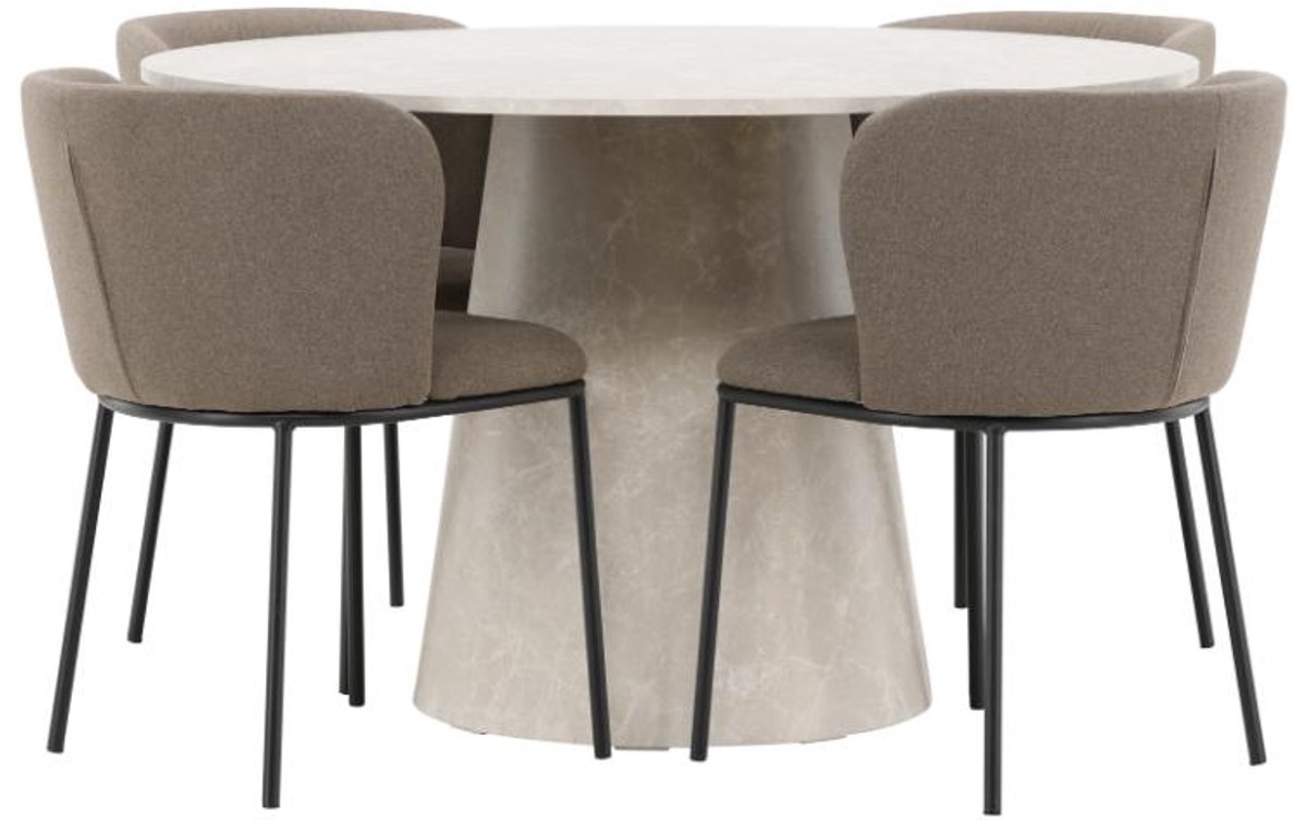 Lanzo eethoek tafel Ø120cm en 4 stoelen beige, bruin.