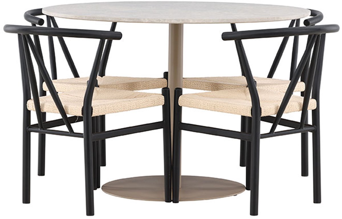 Lycke eethoek tafel Ø110cm en 4 stoelen met armleuningen stapelbaar beige.