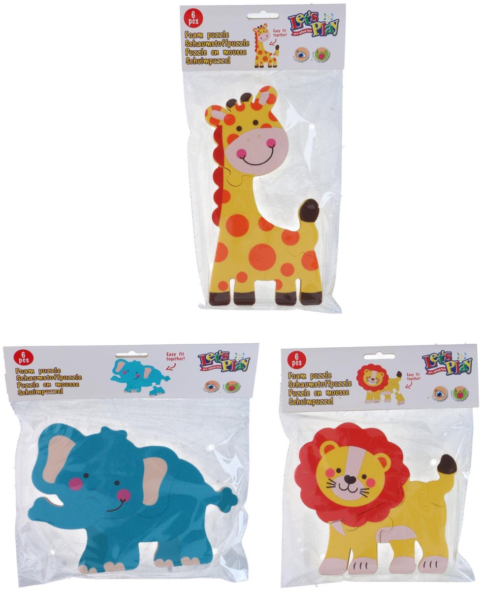 Let’s Play Schuimpuzzel 6 Stuks – Schuimpuzzel Dieren voor Kinderen – Puzzel van Schuim – 6 Puzzelstukken – Giraf, Olifant en Leeuw - 1 Willekeurige Variant
