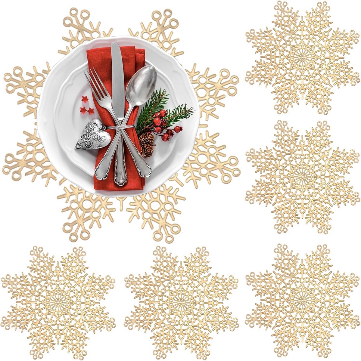 Set van 6 Gouden PVC Placemats met Sneeuwvlok Ontwerp - Tafelmatten