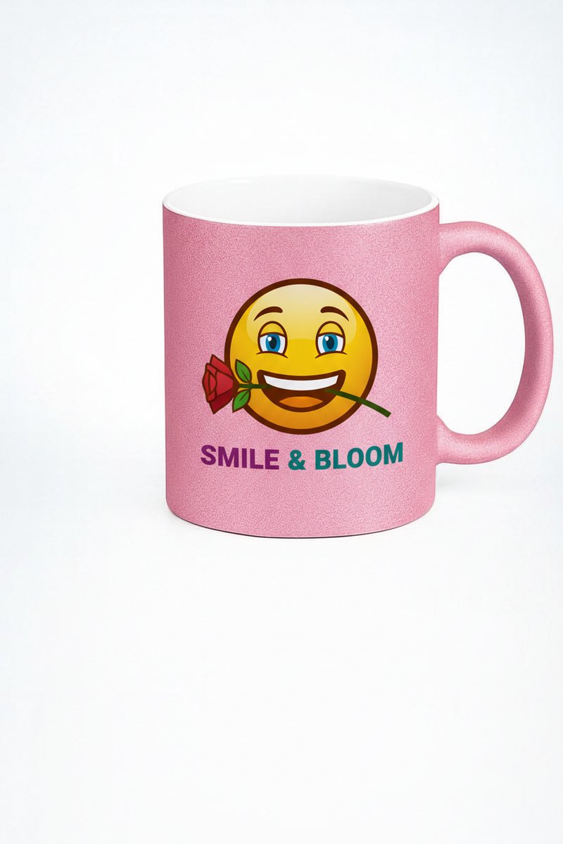 Roze Glitter Mok met Smiley en Roos - Smile & Bloom Cadeau