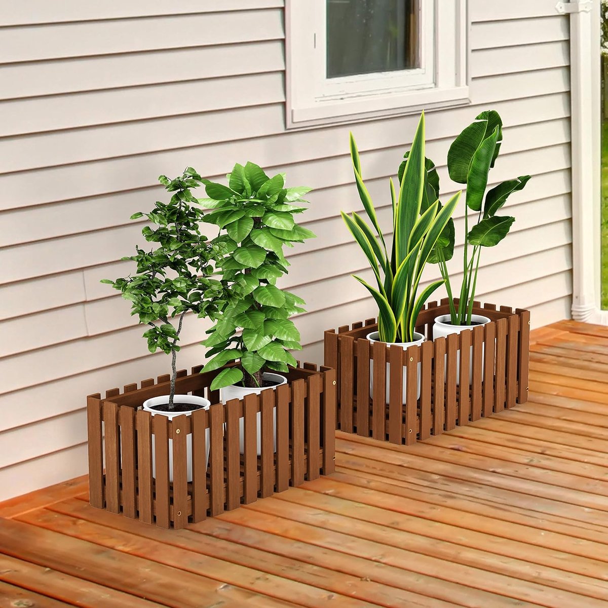 Candala Houten lamellenstijl bloembak hout, natuurlijk, 63 (B) x 30,2 (H) x 30,5 (D) cm
