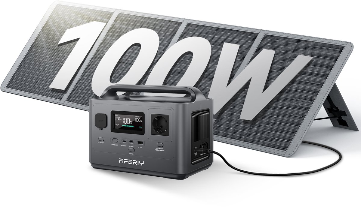 AFERIY 400W 256Wh Powerstation met 100W Zonnepaneel - LiFePO4 Batterij - Snelladen in 1.5u - 5 Poorten - Sinusgolf 230V - UPS Stroomvoorziening