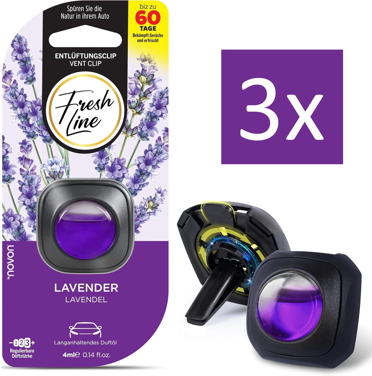 Fresh Line® - Auto Luchtverfrisser Clip 3 stuks - Lavendel - 3 x 4ml - tot 60 dagen