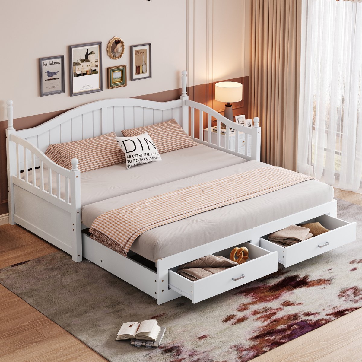 REDOM Bedbank 90x190 cm van hout – Uitschuifbaar naar 180x190 cm – Met 2 lades – Wit