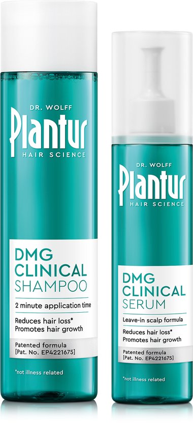 Plantur DMG Clinical Shampoo en Serum in turquoise flessen met witte doppen.