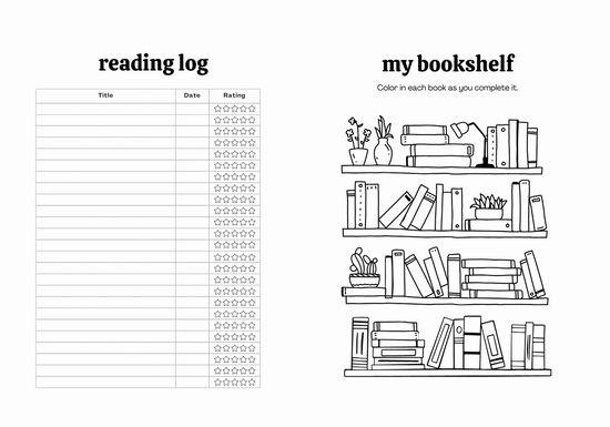 Een pagina met een leeslogboek aan de linkerkant en een tekening van boekenplanken aan de rechterkant.