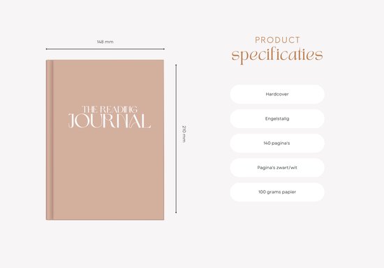 Een bruine hardcover 'The Reading Journal' met afmetingen 148 mm bij 210 mm, naast product specificaties.