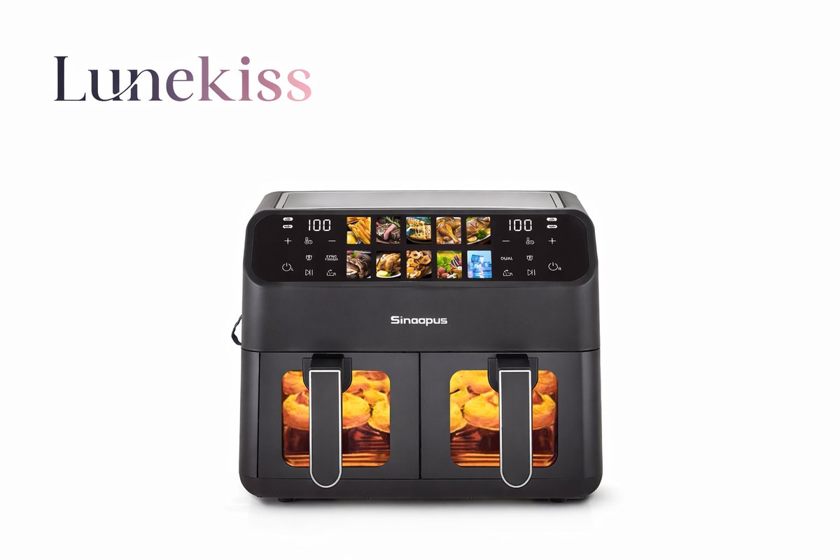 Lunekiss Dual Airfryer 9L 2x4 5L – Dubbele Mand – 2000W – LED Touchscreen – 10 Programma s – 80-200°C – met Kijkvenster