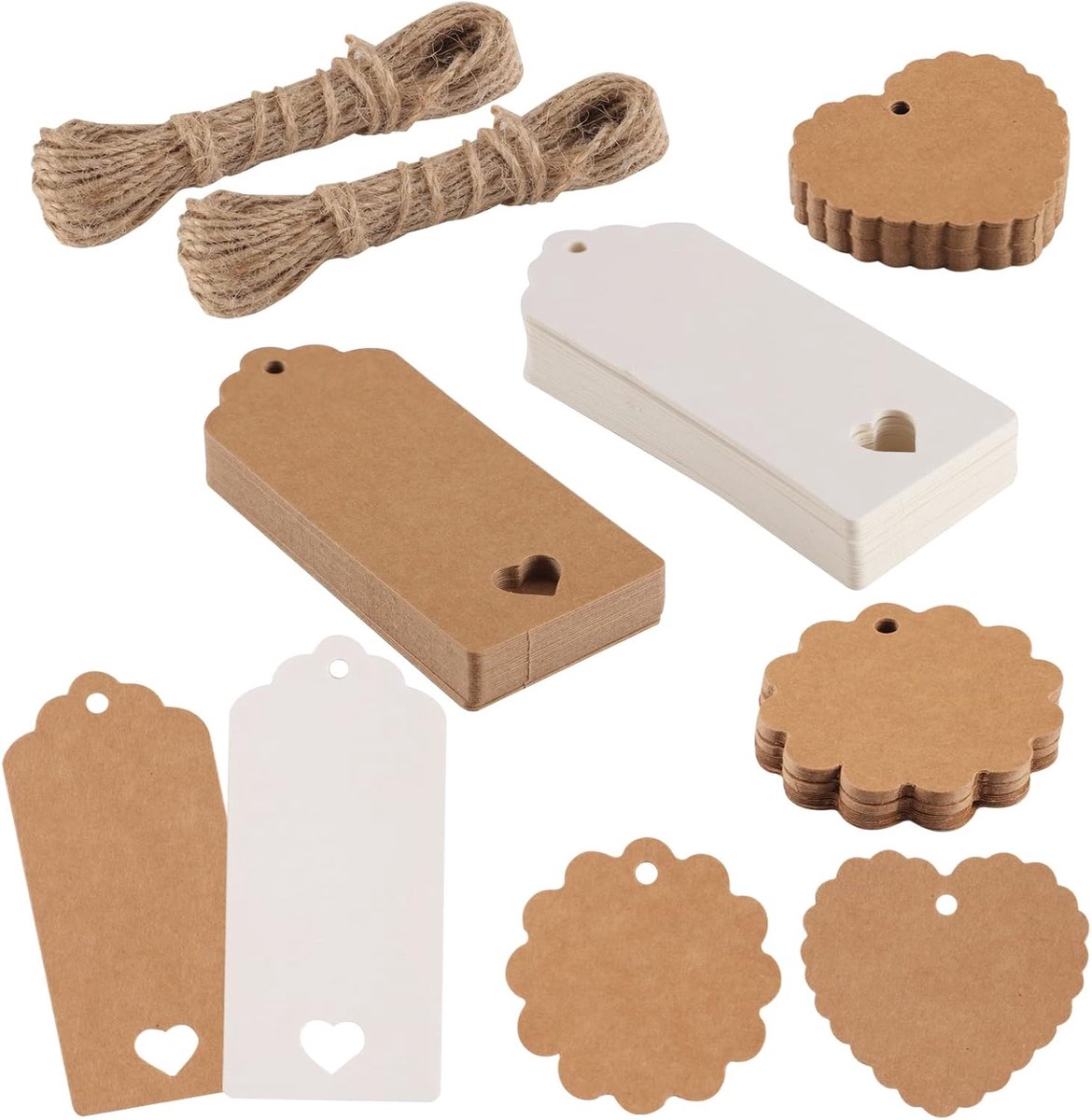 Imperatoris - Cadeau Tags - Labels - Kado Etiketten - Kraftpapier - Wit en bruin - Karton aan touwtjes - 100 stuks Vierkant label - 4 x 9 cm - met jutetouw van 16 meter lang