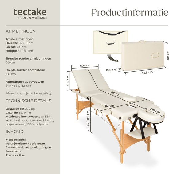 tectake® Draagbare Massagetafel - 3 Zones - Opvouwbaar en Verstelbaar - Voor Massage, Fysiotherapie en Tattoo - Incl. Draagtas - Beige