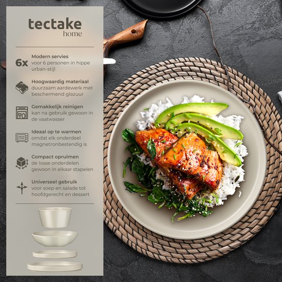 tectake® Serviesset Una - 24-delig - Aardewerk - 6 Persoons - Stijlvol en Duurzaam Servies - Bordenset met Grote en Kleine Borden, Kommen, Schaaltjes - Taupe — afbeelding 2