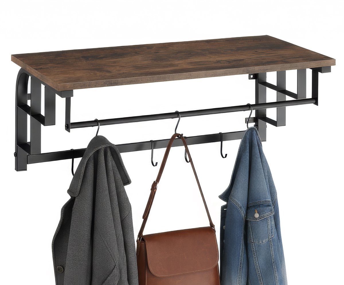 tectake® Wandkapstok met houten plank - Wandplank met 5 afneembare haken en ophangstang - Industrieel design - Zwart metalen frame - Afmeting (LxBxH) 66 x 30 x 27 cm - Donkerbruin