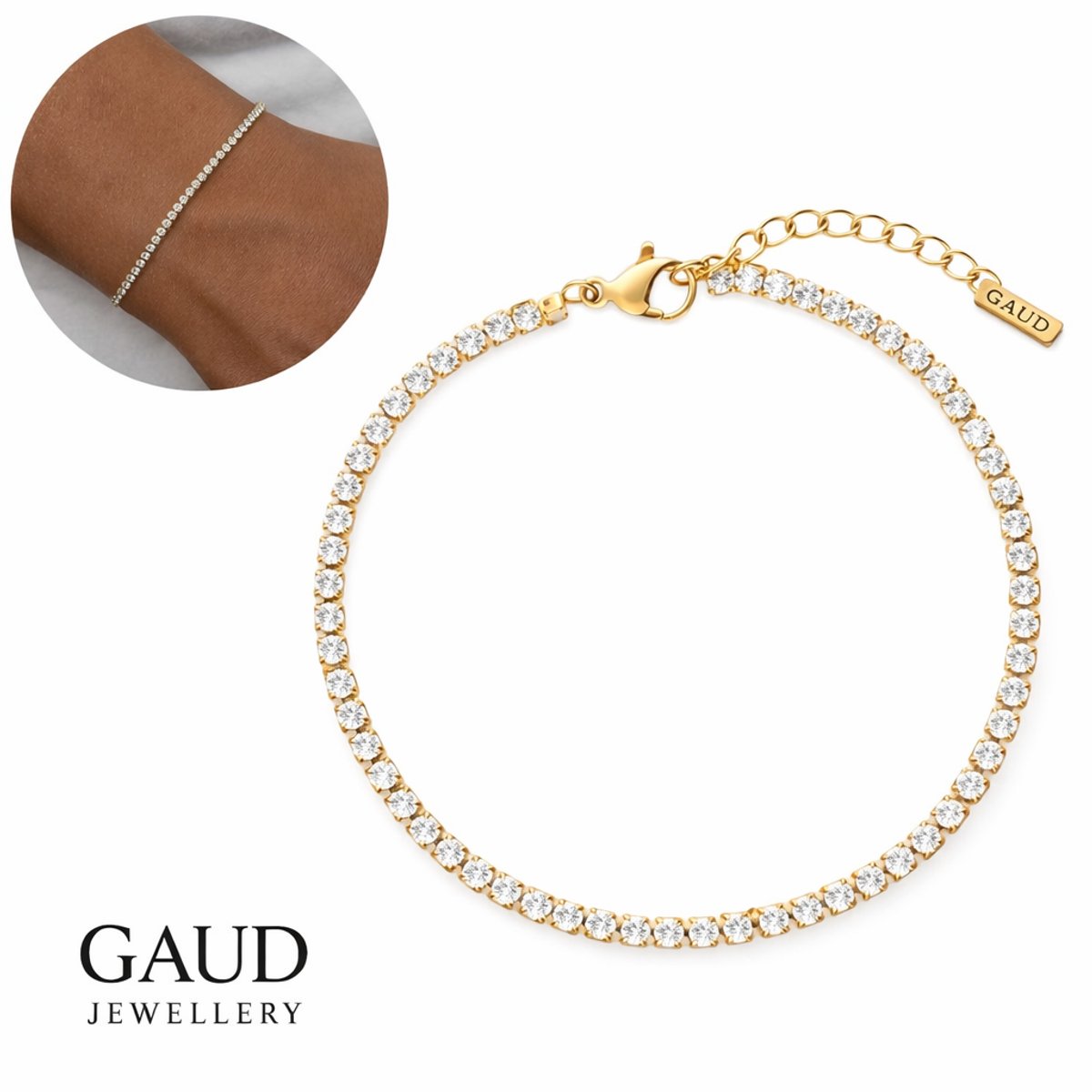 Tennis Armband 2 mm - 18K Goudkleurige Tennis Bracelet - 17cm + 5cm Verstelbaar - Uniseks - Stainless Steel - Luxe Armband - GAUD