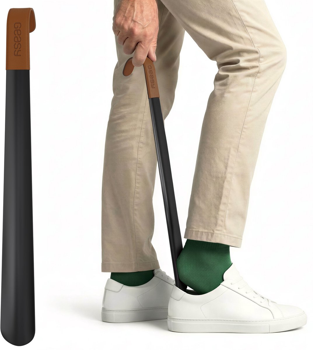 GEASY Schoenlepel - Schoenlepel Lang - 42 CM - Schoenlepels - Metaal - Mat Zwart met Bruin Leren Handvat - Schoen Lepel - Hulpmiddelen voor Ouderen - Hulpmiddel - Zelfhulp - Zorg