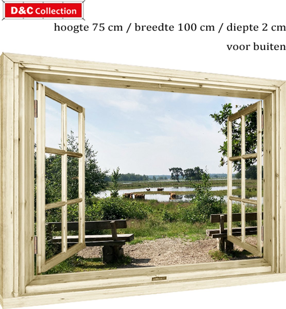 D&C Collection 75x100x2 cm - tuincanvas - doorkijk - nostalgisch venster - hooglanders - water - bankjes - koeien - tuinposter - tuindoek - opgespannen op houten frame groen, bruin, blauw
