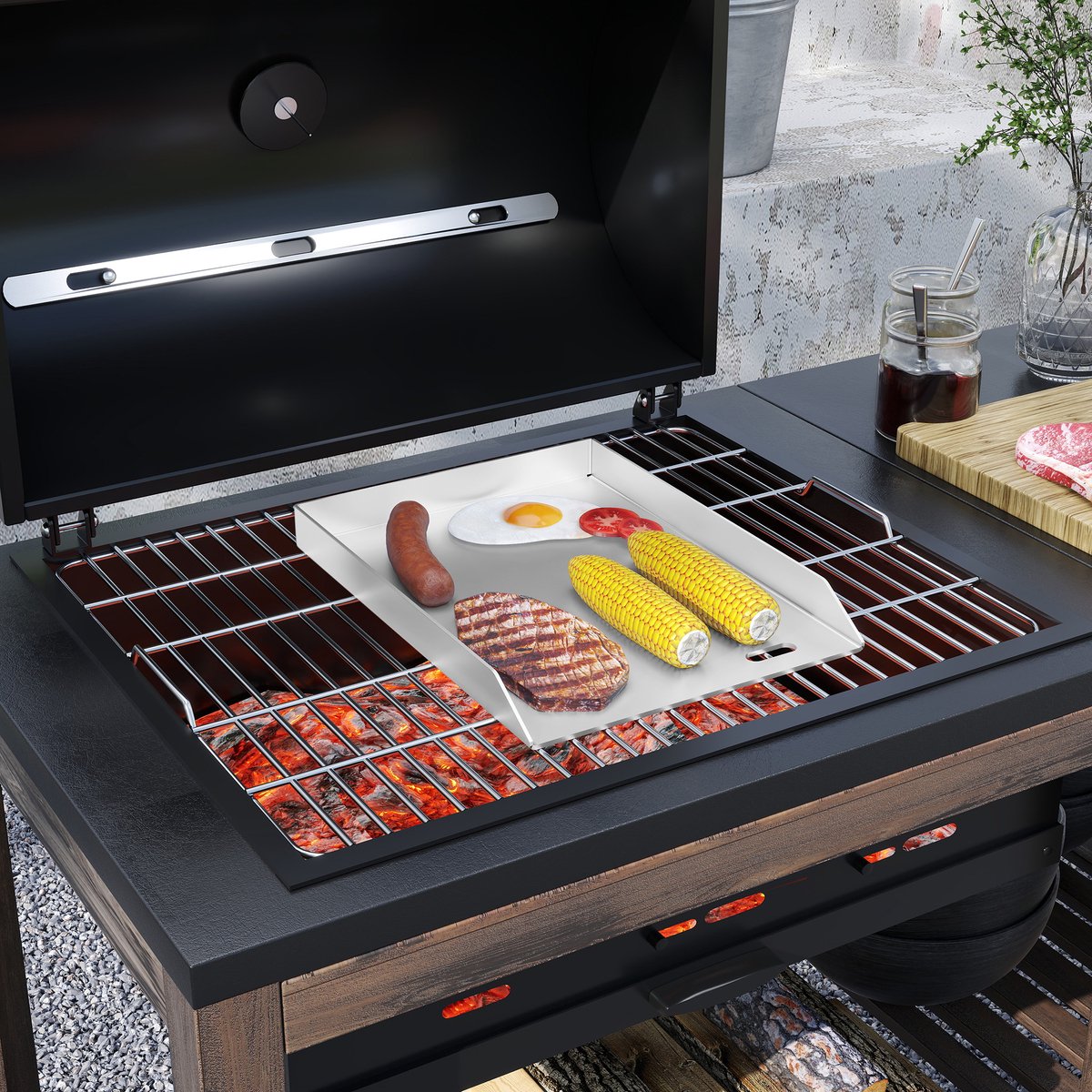 Froadp Plancha-grillplaat 30x40x4 cm - 4 mm roestvrijstalen grillplaat voor gas en houtskool, met grillspatel en schraper - roestvrij, hittebestendig - universeel voor barbecue, steak, groenten (zonder handvat)