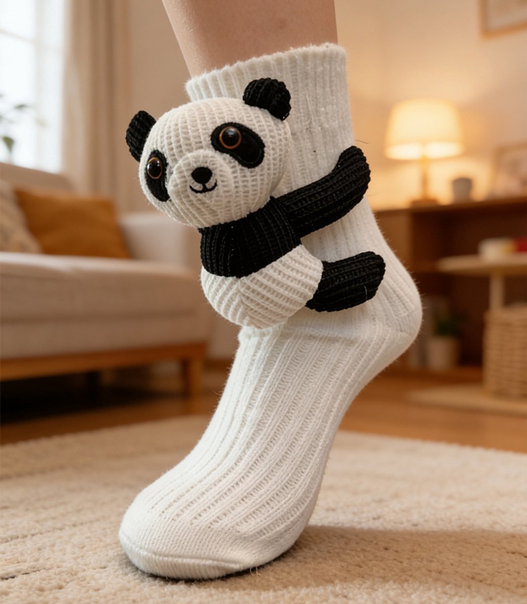 Kraftverdia – Sokken Dames – 3D Dieren Sokken – Gebreide Panda Sokken – Warme Wintersokken – Eén Maat – Casual Katoenen Sokken