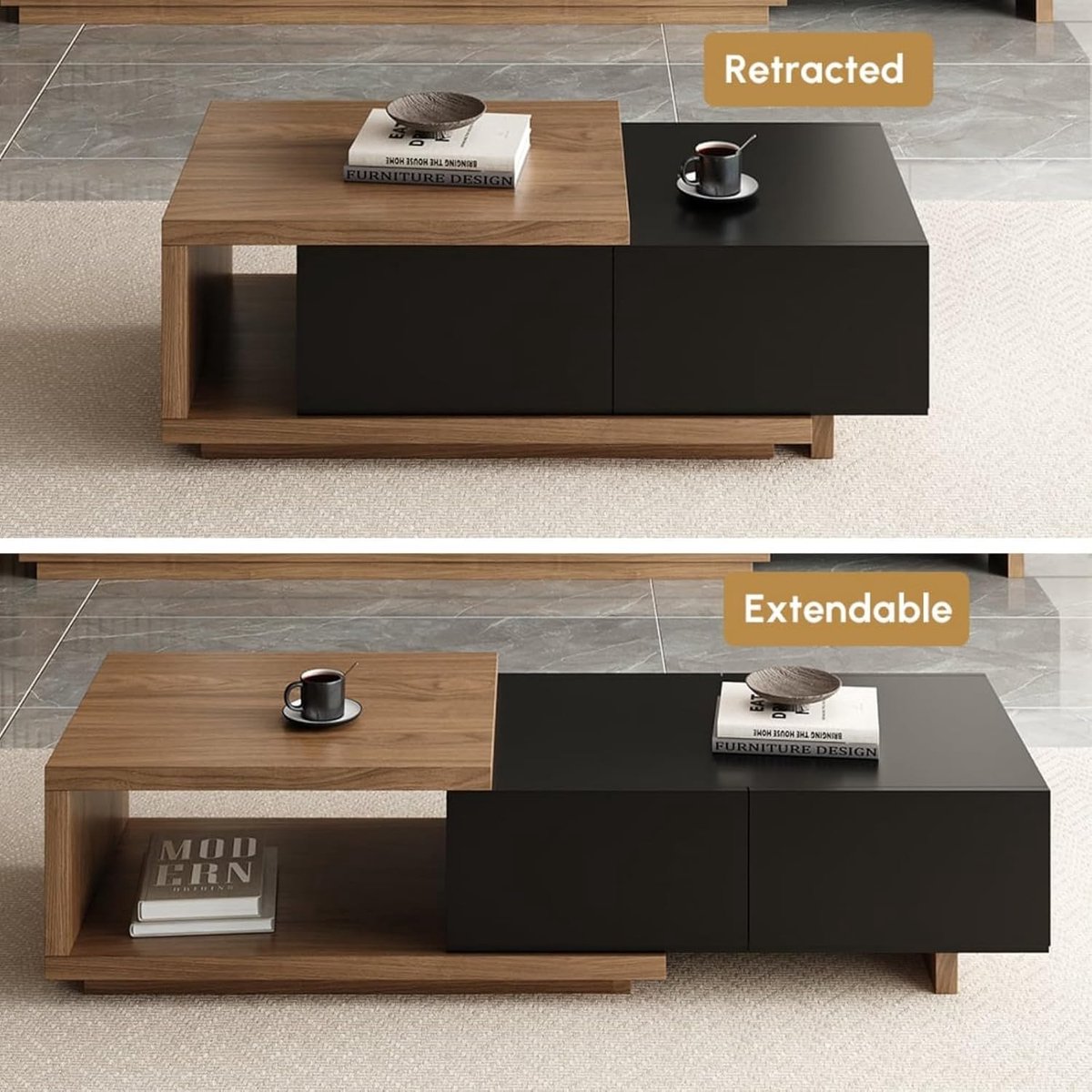 TV-meubel 255 x 38 x 36 cm – Uitschuifbaar Modern Entertainment Center met 3 Laden en Extra Opbergruimte – Zwart & Walnoot – MDF – 71 kg – Abkantoor
