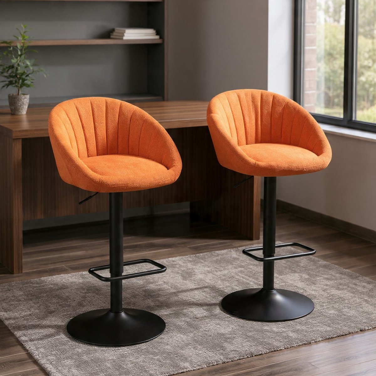 Luxe Draaibare Barkruk Set van 2 – In Hoogte Verstelbaar – Zachte Bouclé/Teddy Stof – Moderne Keukenkruk met Rugleuning – Oranje-Casa Serena