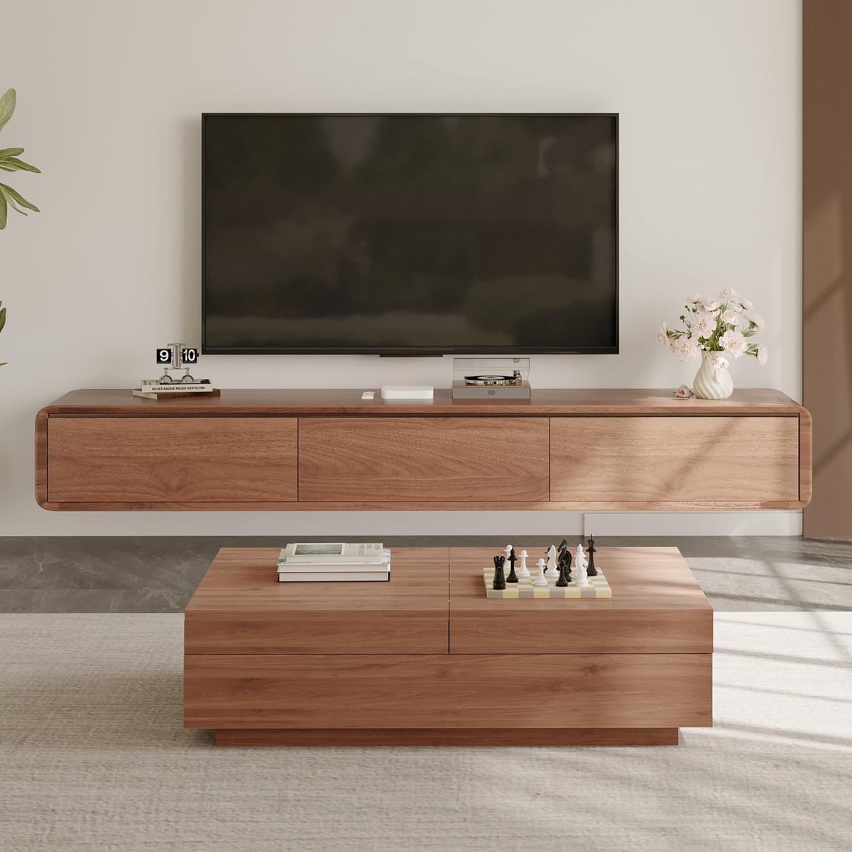 Hangende TV-kast 200 cm Walnootlook | Mid-Century Modern Lowboard met 3 Laden, Geschikt voor 75 Inch Televisie | Ruimtebesparend TV-meubel voor Woonkamer | Abkantoor