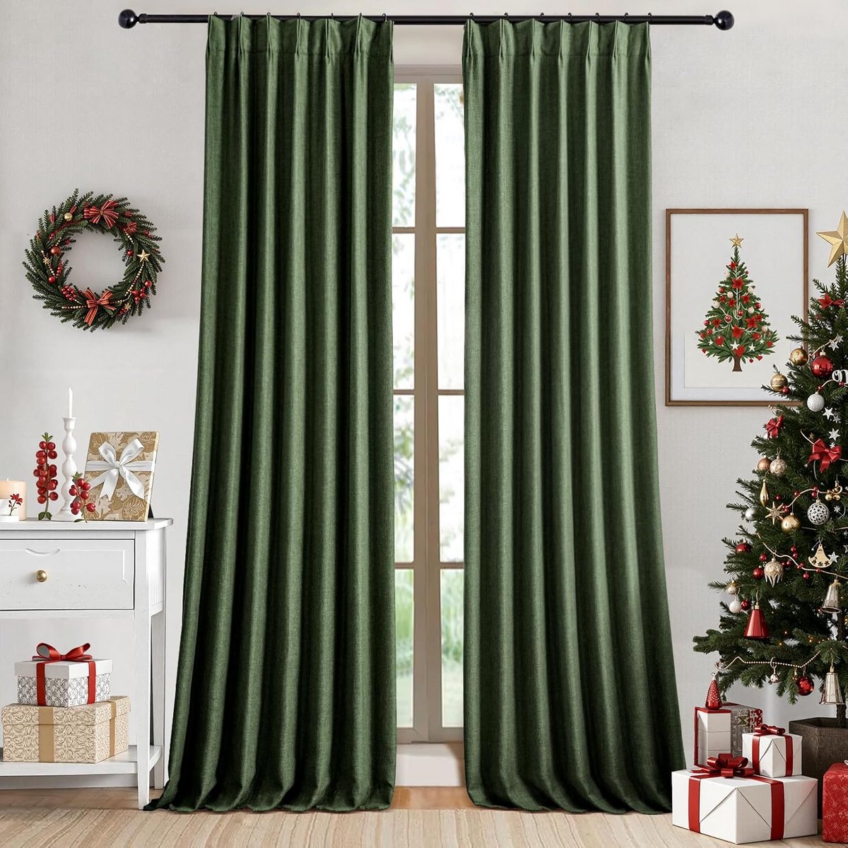 Verduisterende Gordijnen Linnen-look met Plissé Haken - Groen - 160 cm Hoog - Lichtdicht &