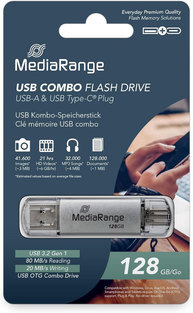 128GB USB 3.0 en USB-C Combo Geheugenstick Zilver