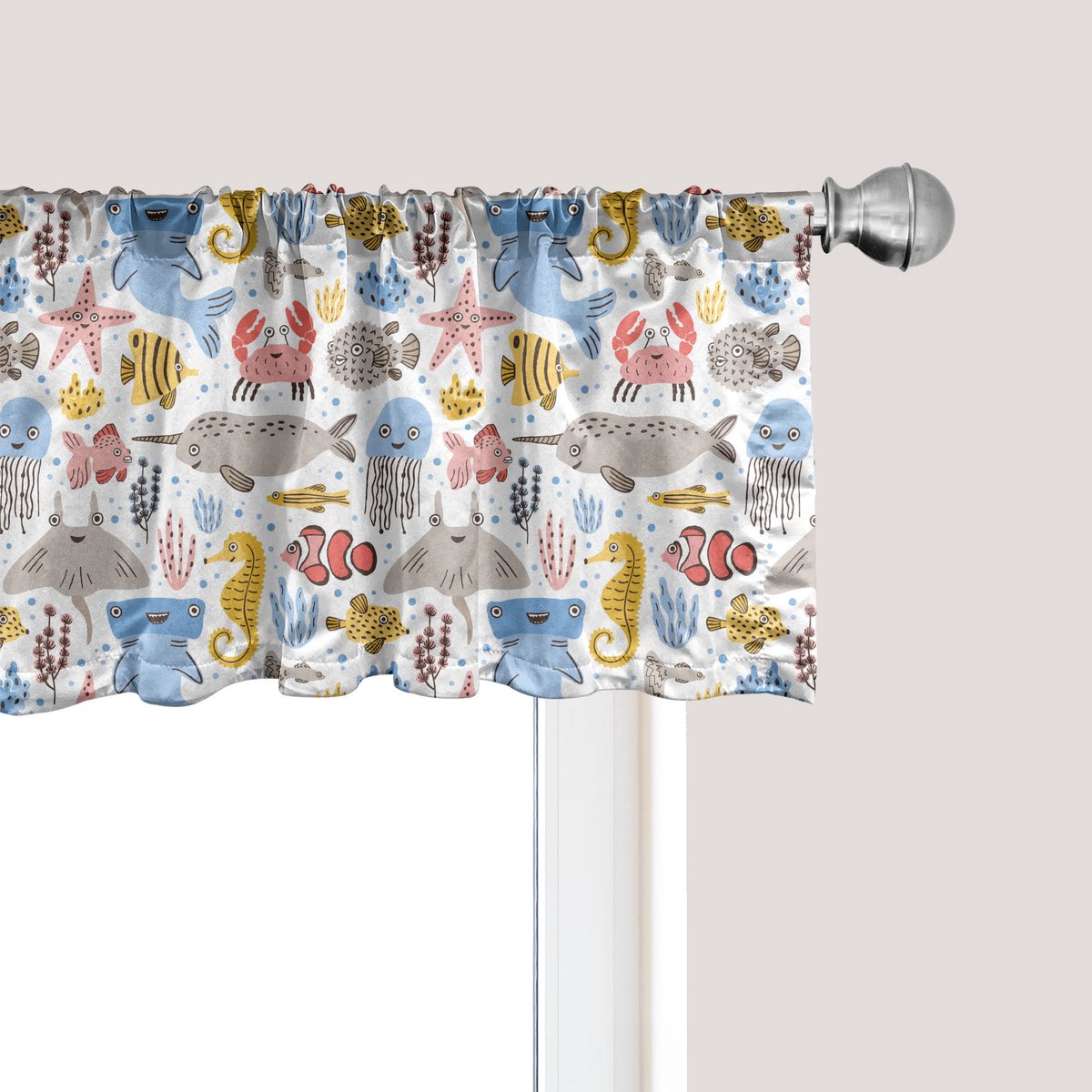 ABAKUHAUS Onderwater raamvalletje, gordijnvalletje voor keuken en slaapkamer met tunnelzoom, 137 cm x 45 cm, wit meerkleurig