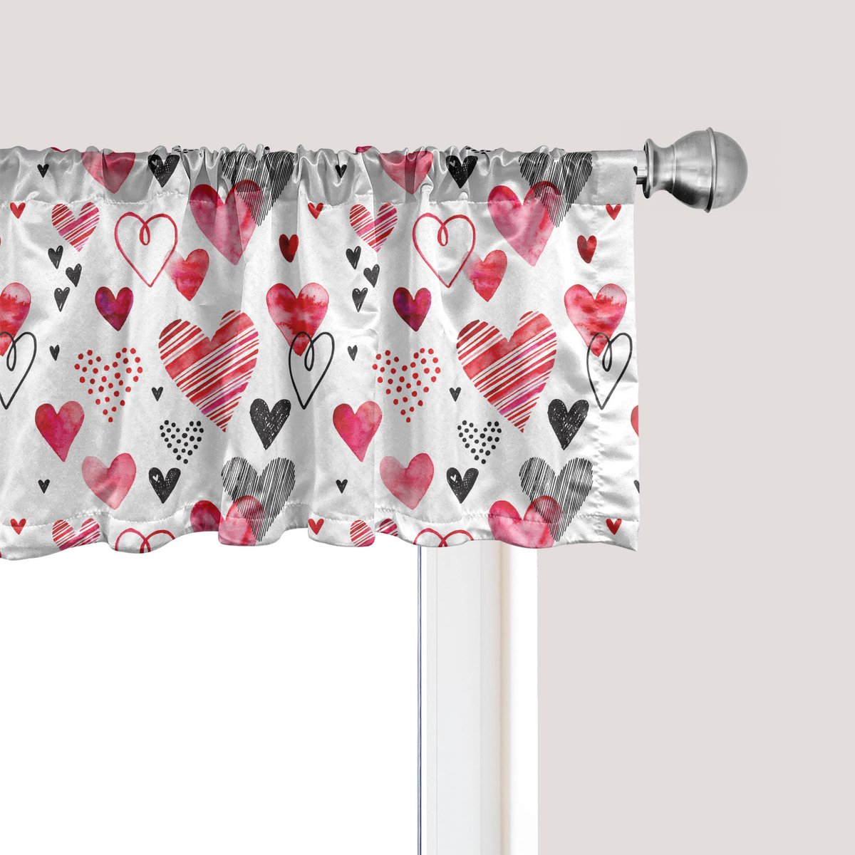 ABAKUHAUS Valentijnsgordijnvalletje, gordijnvalletje voor keuken en slaapkamer met tunnelzoom, 137 cm x 45 cm, roze-zwart-wit