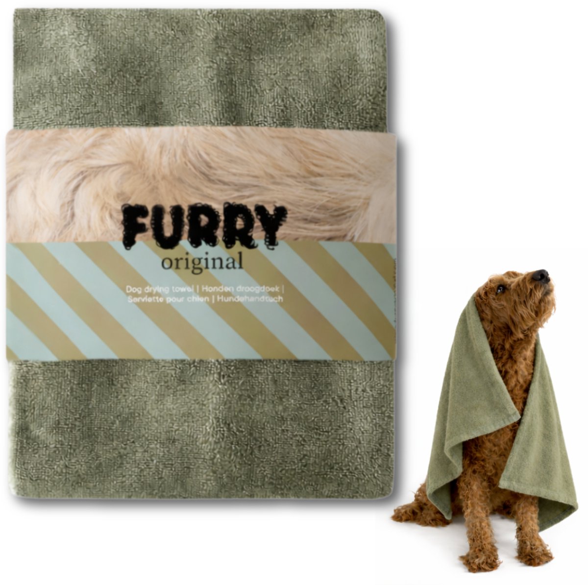 Furry Original® Honden handdoek - Microvezel Droogdoek - Sneldrogend, Super Absorberend en Zacht - Voor Labradoodle & Andere Rassen - Grote & Kleine Hond - 90×50 cm - Pet Towel - Olijfgroen