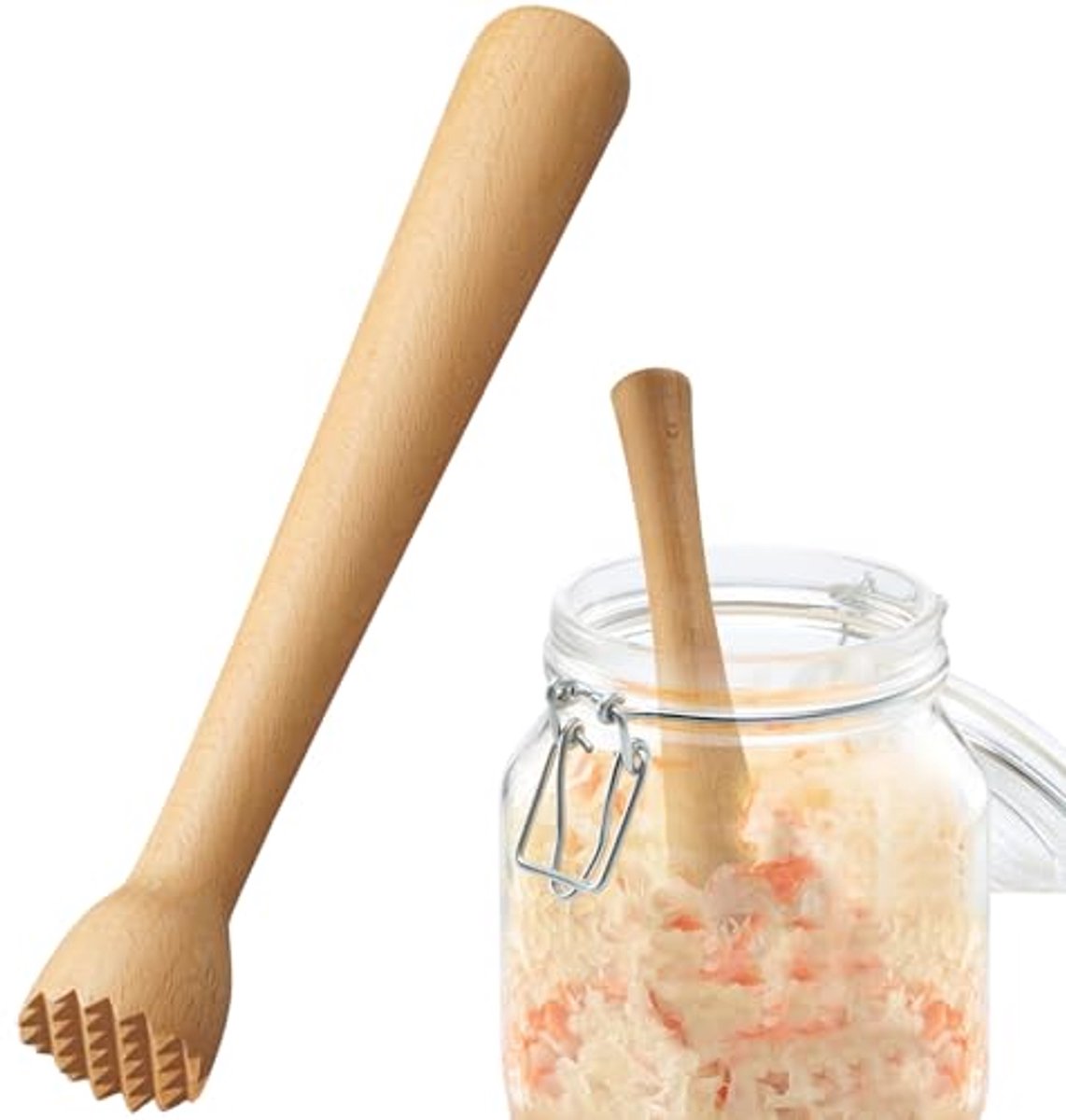 Fermentatiestamper, traditionele houten aardappelstamper, robuuste handstamper ideaal voor kimchi, zuurkool en gefermenteerde voedingsmiddelen, gemaakt van beukenhout, bruin