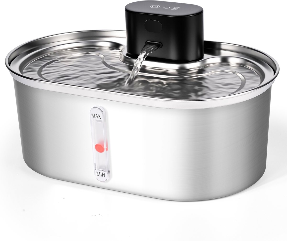 Dreamhigh® Draadloze Drinkfontein - Kattenfontein - 3.5L - RVS - Met Sensor en Accu - Fluisterstil - 2 Wasserfluss Modi - Waterfontein voor Katten en Honden
