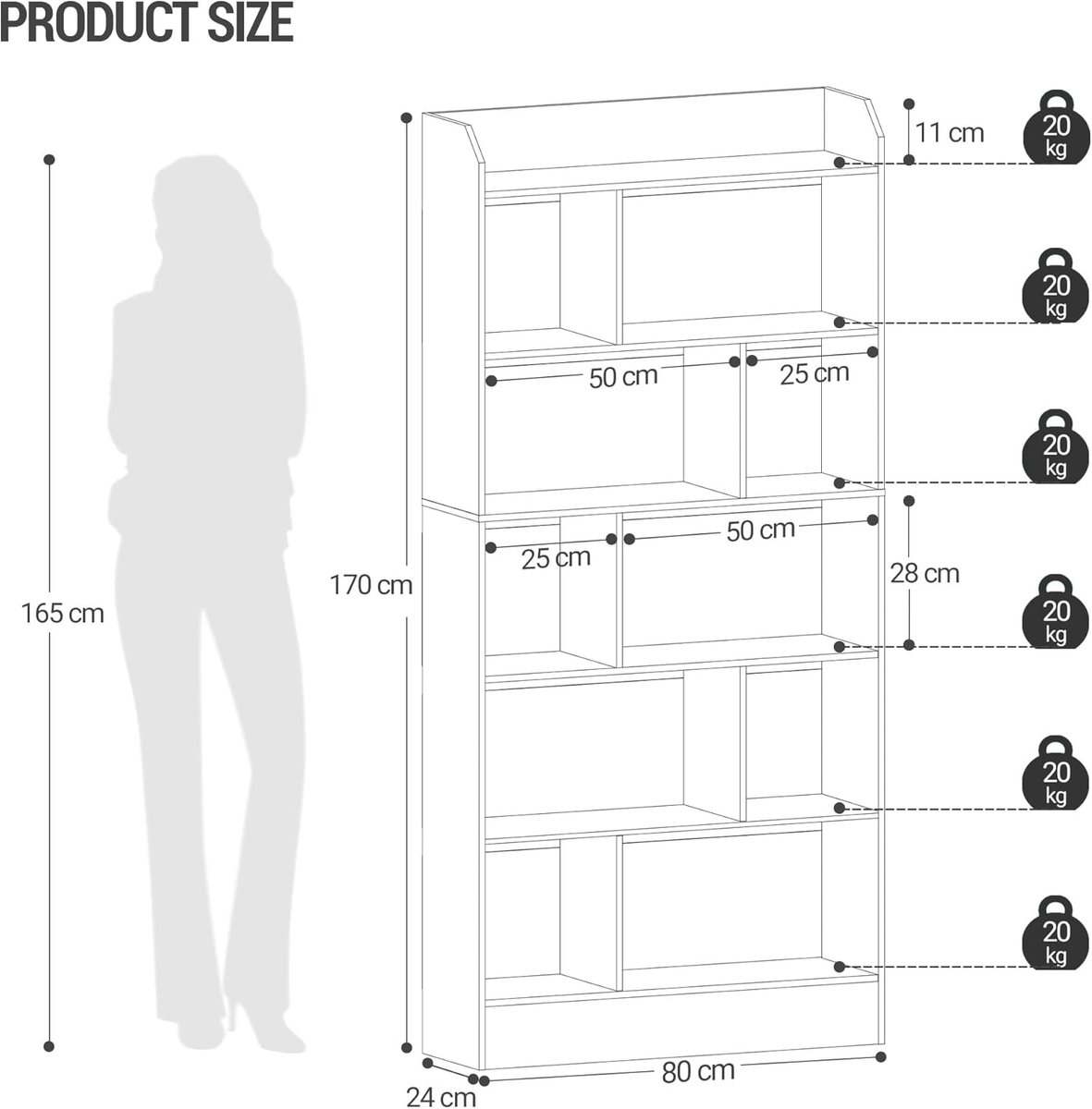 Boekenkast – Casa Velluto OakLine 6-Laags Staande Boekenkast 170x80 cm – Open Vakken Opbergkast – Moderne Hoge Kast voor Woonkamer, Kantoor & Slaapkamer – Eikenkleur
